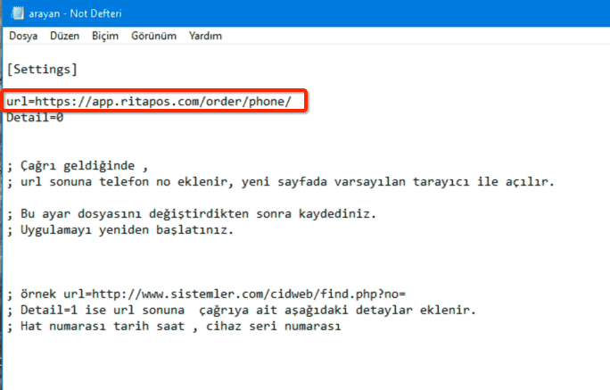 CID Web ayar belgesinde Ritapos adresinin yazıldığı satır