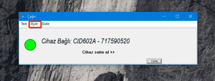 CID Web (Çağrı) penceresinde Ayar menüsünün kırmızı çerçeve ile vurgulanmış görünümü