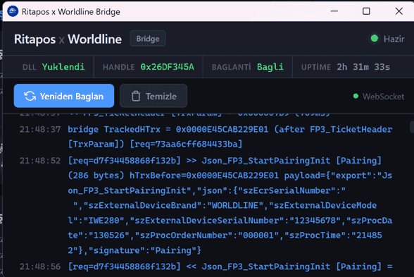 Ritapos x Worldline Bridge penceresi: DLL Yuklendi, BAGLANTI Bagli ve işlem kayıtları