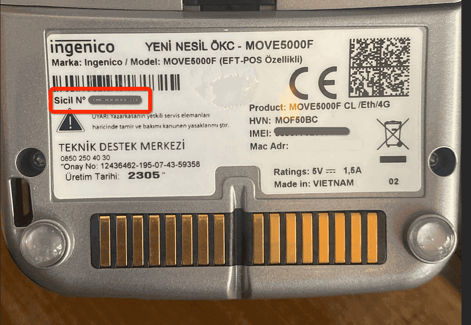 Ingenico MOVE5000F cihazın arka etiketi, Sicil N° alanı kırmızı çerçeveyle işaretli