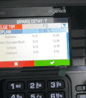 Ingenico cihaz ekranında SİPARİŞ DETAY sayfası ve ürün satırları