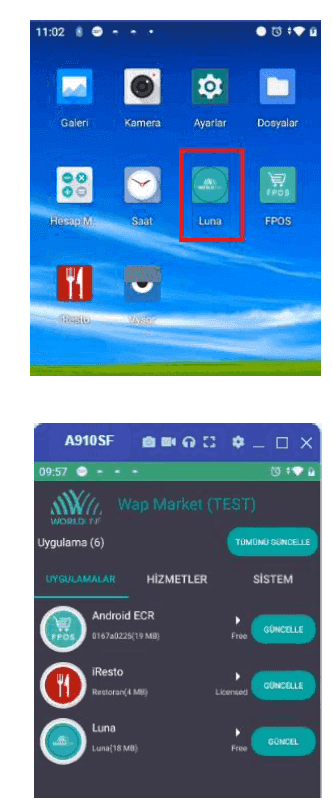 PAX ana ekranında Luna simgesi işaretli, Wap Market listesinde Android ECR, iResto ve Luna