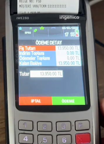 Ingenico cihazında Ödeme Detay ekranı ve Tutar alanı