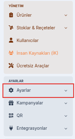 Ritapos sol menüsünde AYARLAR başlığı altındaki Ayarlar menüsü