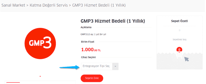 GMP3 Hizmet Bedeli (1 Yıllık) sayfası, ok Entegrasyon Tipi Seç alanını gösteriyor