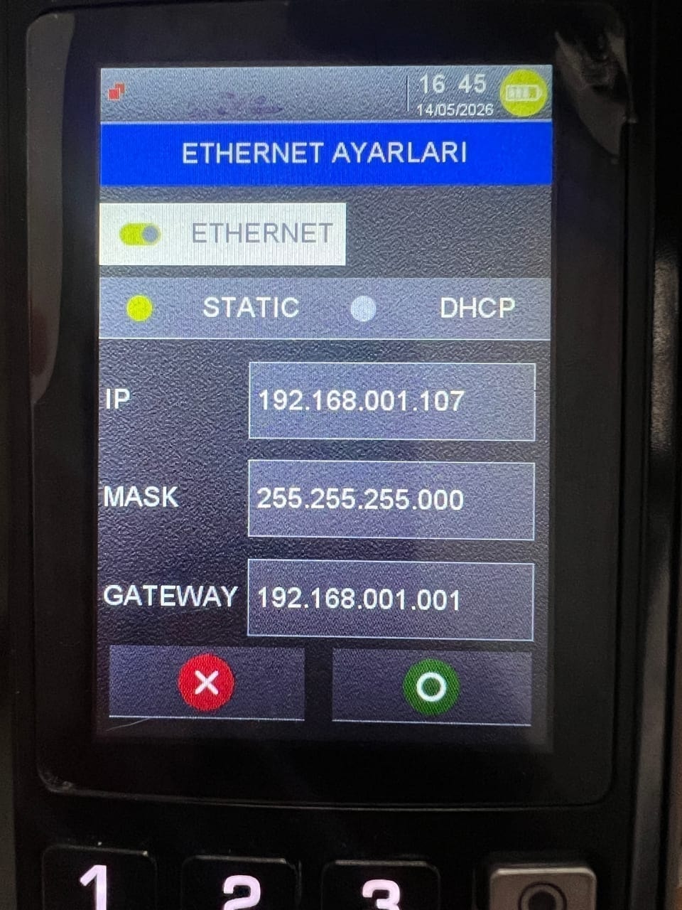 Ingenico device screen with Ethernet settings: static IP, mask and gateway