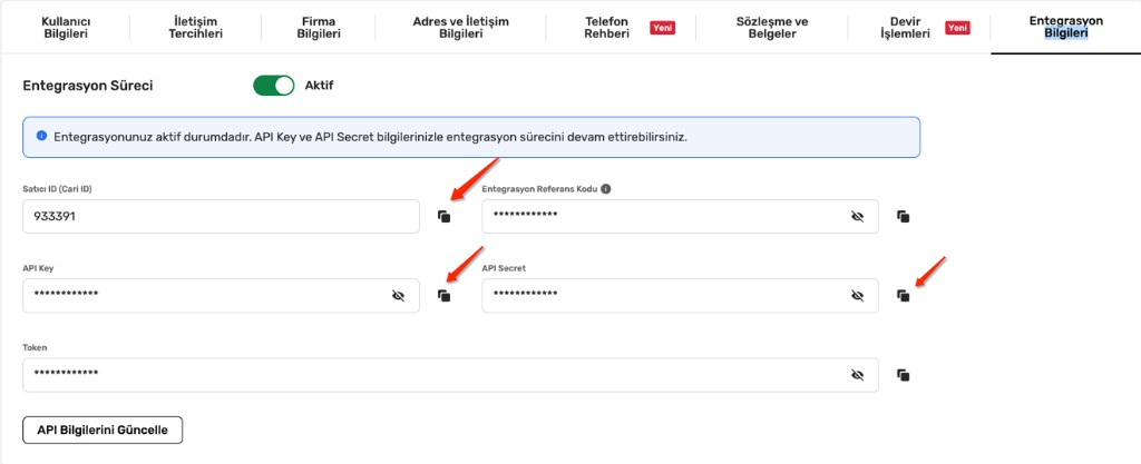 API Key, API Secret, and Account ID fields with copy icons