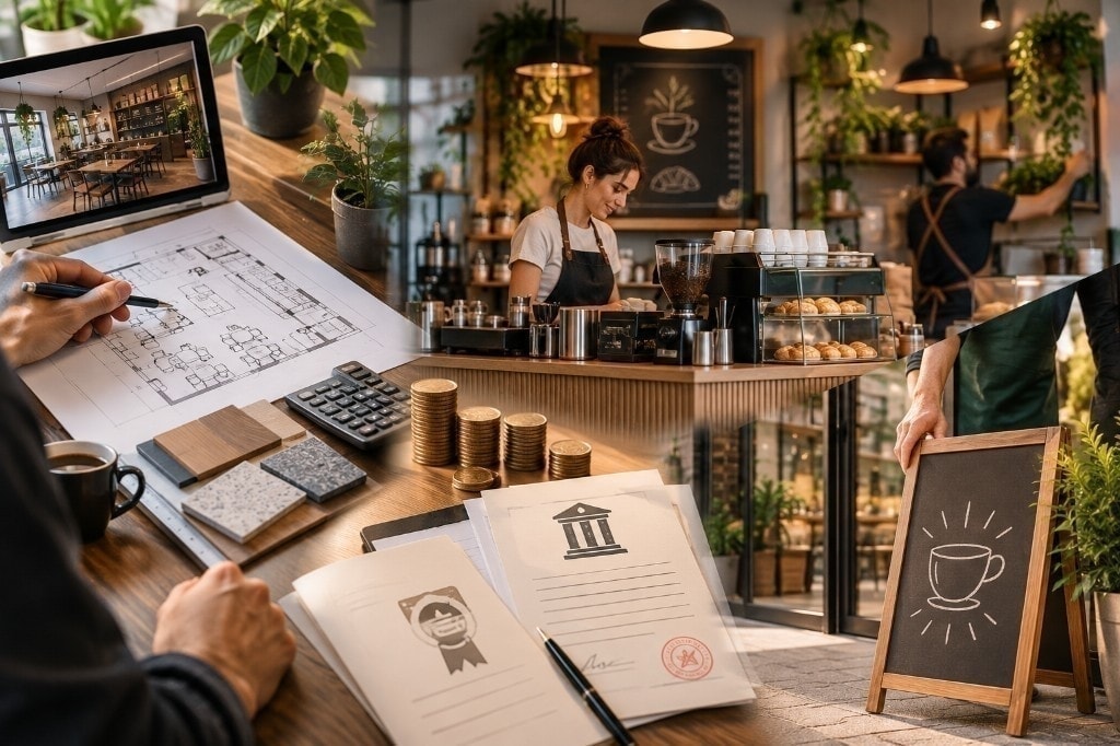Kafe açma sürecinde plan çizimi, maliyet hesabı, ruhsat evrakları ve açık bir kafe tezgâhı.