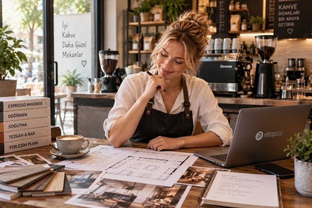Kahve dükkanı açılış maliyetini planlayan işletmeci: espresso makinesi, değirmen, soğutma ve tezgah kalemleri ile yerleşim planı.