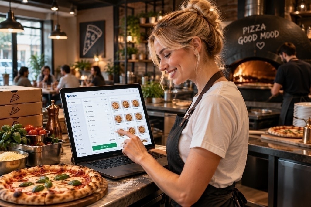 Pizzacı açma bütçesini planlayan işletmeci: Ritapos sipariş ekranı açık dizüstü bilgisayar, pizza ve malzeme kaplarıyla beraber maliyet hesabı.