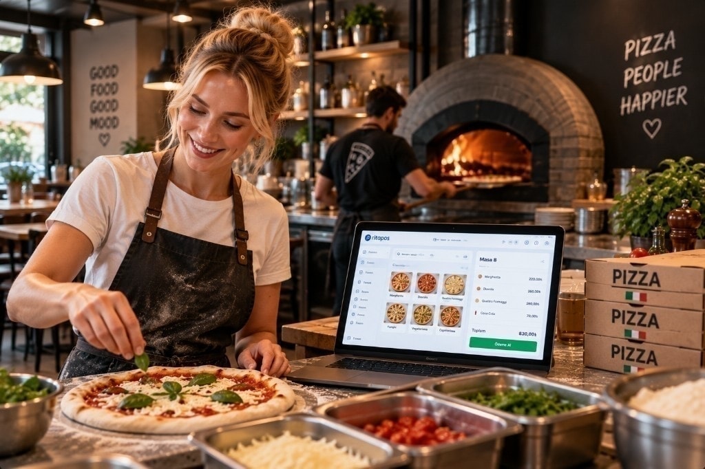 Pizzacı açma sürecinde masa ve mutfak yerleşimi planlanırken açık pizza fırını ve servis alanı.
