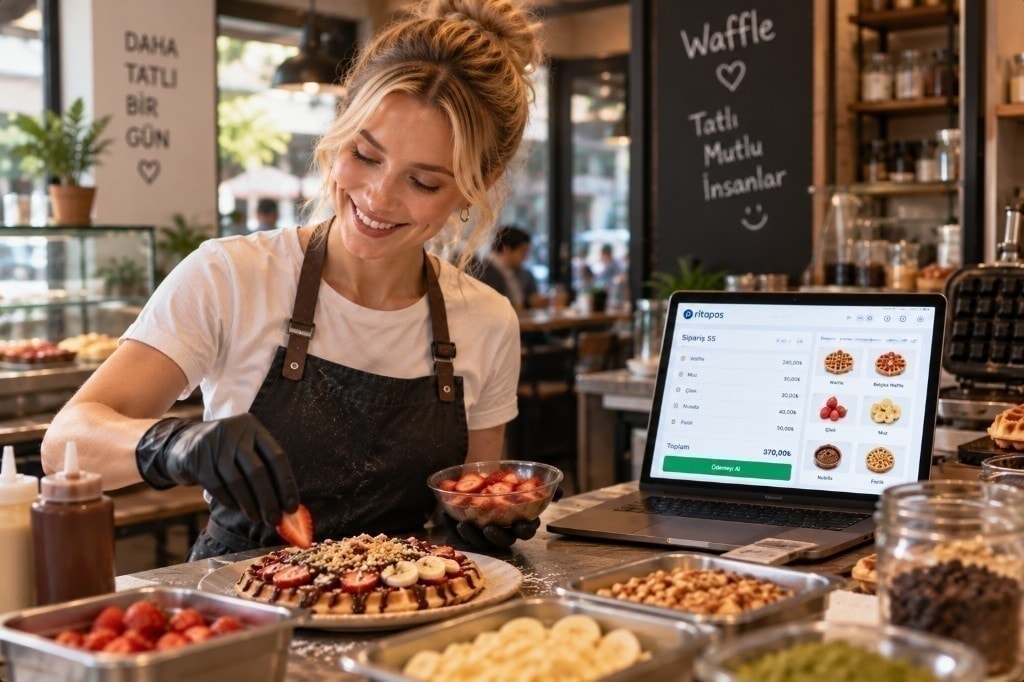 Waffle dükkanı tezgahında topping hazırlayan işletmeci; yanında Ritapos sipariş ekranı açık.