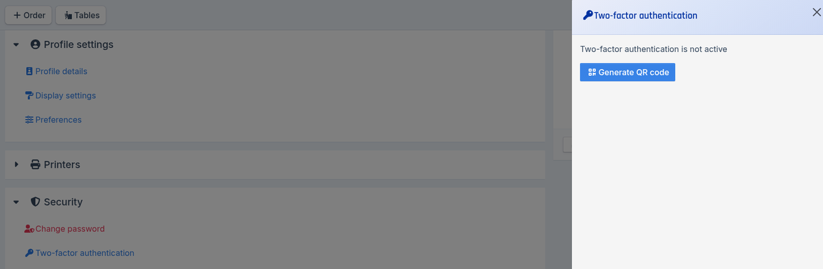 Security section and the Two-factor authentication is not active panel with the Generate QR code button