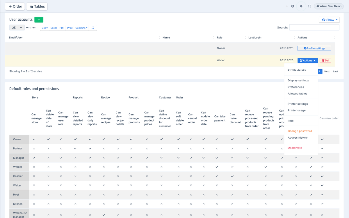 Actions menu in the user list
