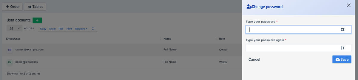User list and Change password panel