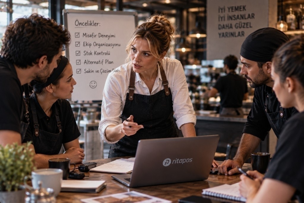 Restoran ekibiyle koçluk toplantısı: yönetici öncelikleri anlatırken ekip Ritapos ekranı ve notlarla dinliyor.