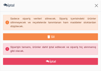 İptal penceresi: açıklamalarıyla turuncu Sil ve kırmızı İptal tuşları
