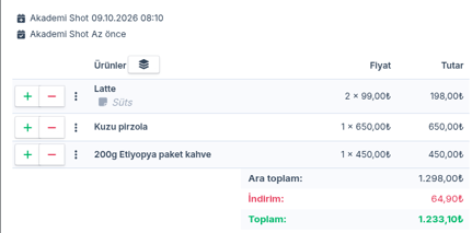 Sipariş indirimi sonrası sipariş içeriği: Ara toplam 1.298,00₺, İndirim 64,90₺, Toplam 1.233,10₺