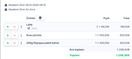 Yüzde 10 satır indirimi sonrası Latte satırı 2 × 99,00₺ ve sipariş toplamı