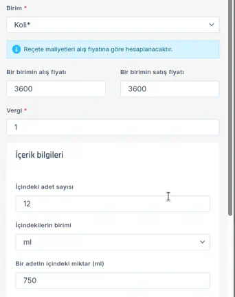 Sızma zeytinyağı formu: Birim Koli, İçindeki adet sayısı 12, İçindekilerin birimi ml, Bir adetin içindeki miktar 750