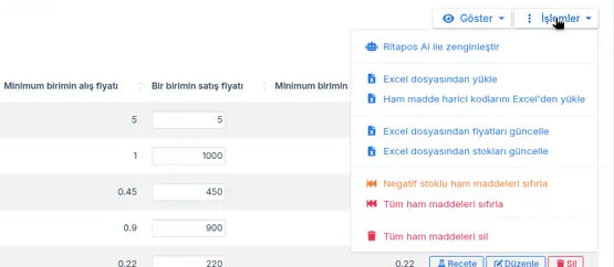 Ham maddeler listesinde açık İşlemler menüsü; ilk seçenek Ritapos Ai ile zenginleştir