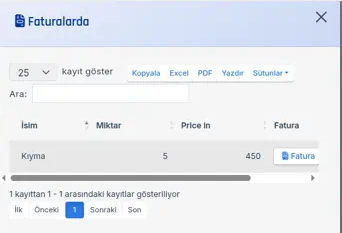 Faturalarda yan paneli: İsim, Miktar ve Price in sütunları ve satırda Fatura butonu