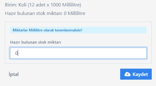 Stok düzenle penceresi: en küçük birim uyarısı, Hazır bulunan stok miktarı alanı, İptal ve Kaydet butonları
