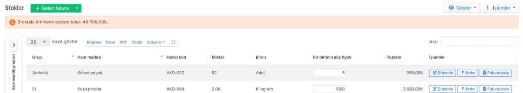 Stoklar sayfasının üstünde Gelen fatura butonu ve tablonun ilk satırları