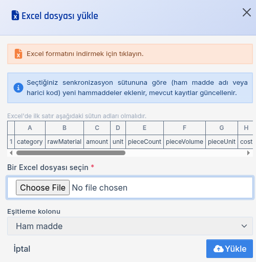 Excel dosyası yükle paneli: örnek dosya bağlantısı, sütun adları, dosya seçimi ve Eşitleme kolonu