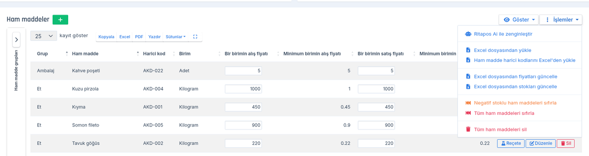 Ham maddeler listesinde açık İşlemler menüsü: Excel dosyasından yükle, fiyat ve stok güncelleme seçenekleri