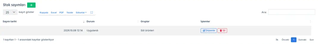 Stok sayımları listesi: Sayım tarihi, Durum, Gruplar ve İşlemler sütunları; Süt ürünleri sayımı Uygulandı durumunda; başlığın yanında yeşil + butonu