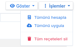Reçeteler İşlemler menüsü: Tümünü hesapla, Tümünü uygula