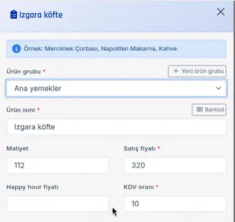 Izgara köfte ürün formu: Maliyet 112, Satış fiyatı 320 ve KDV oranı 10