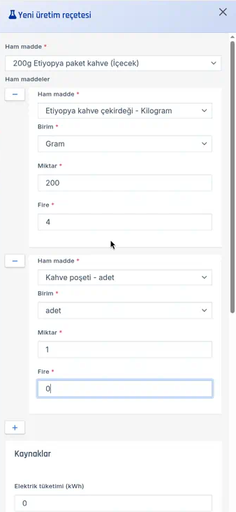 Yeni üretim reçetesi formu: Ham madde alanında 200g Etiyopya paket kahve (İçecek); Etiyopya kahve çekirdeği satırı Birim Gram, Miktar 200, Fire 4; Kahve poşeti satırı Birim adet, Miktar 1, Fire 0; altta Kaynaklar bölümü