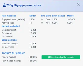 Üretim reçetesi ayrıntı penceresi, uygulamadan sonra: çekirdek 200, fire 4, Gram, 1,50, 306,00; poşet 1, 0, Adet, 5,00, 5,00; Kaynak maliyetleri ve Diğer maliyetler 0,00; Reçete maliyeti 311,00, Ham madde maliyeti 311,00 ve yeşil Reçete maliyetini hesapla butonu