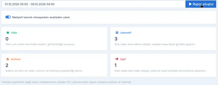Seçenek açıkken kadran kartları: Yıldız 0, Lokomotif 3, Bulmaca 2, Zayıf 1 ve her kartta ekrandaki öneri