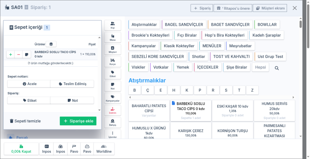 Ritapos sipariş ekranı