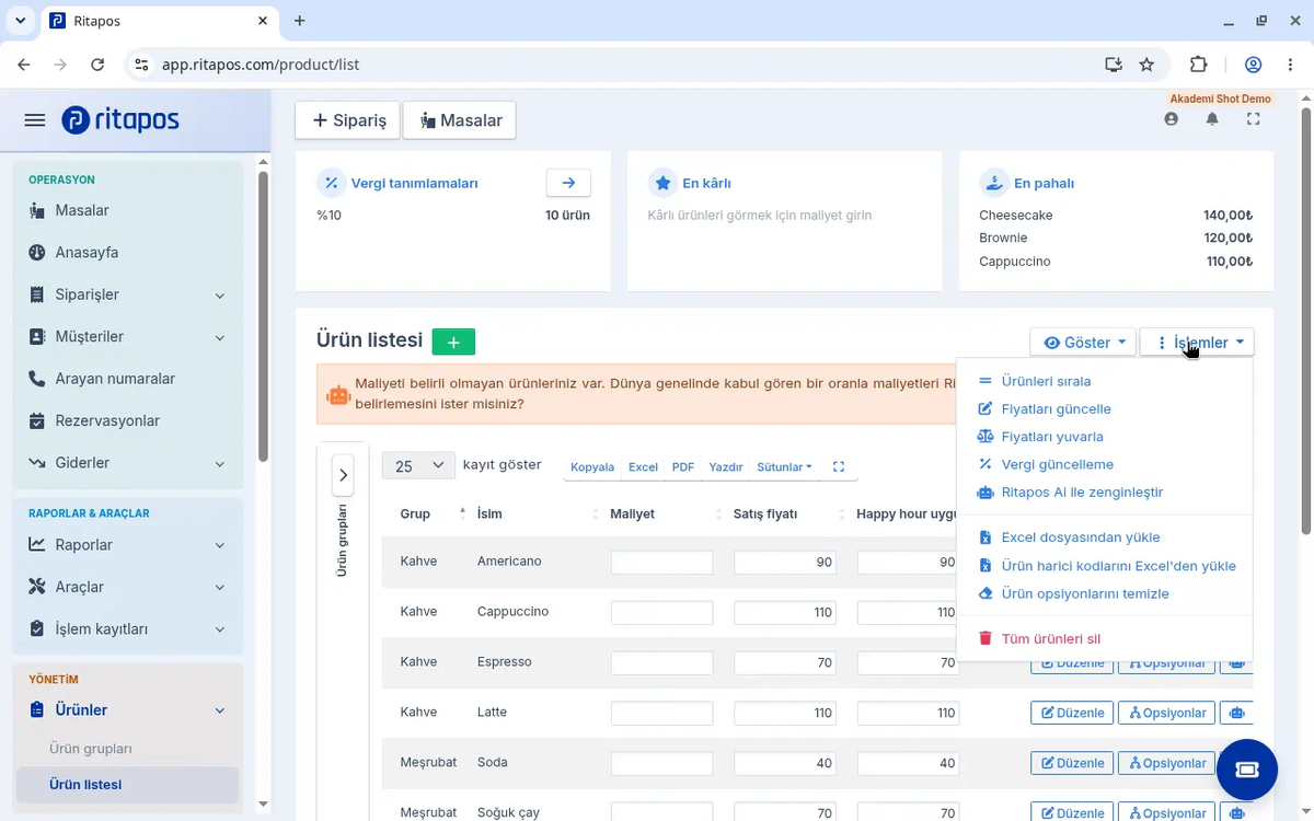 Ürün listesinde İşlemler menüsü ve Excel dosyasından yükle