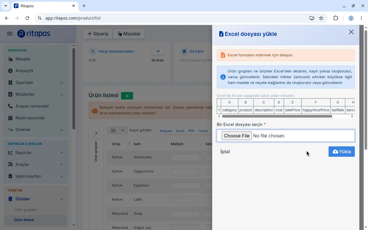 Excel dosyası yükle penceresi