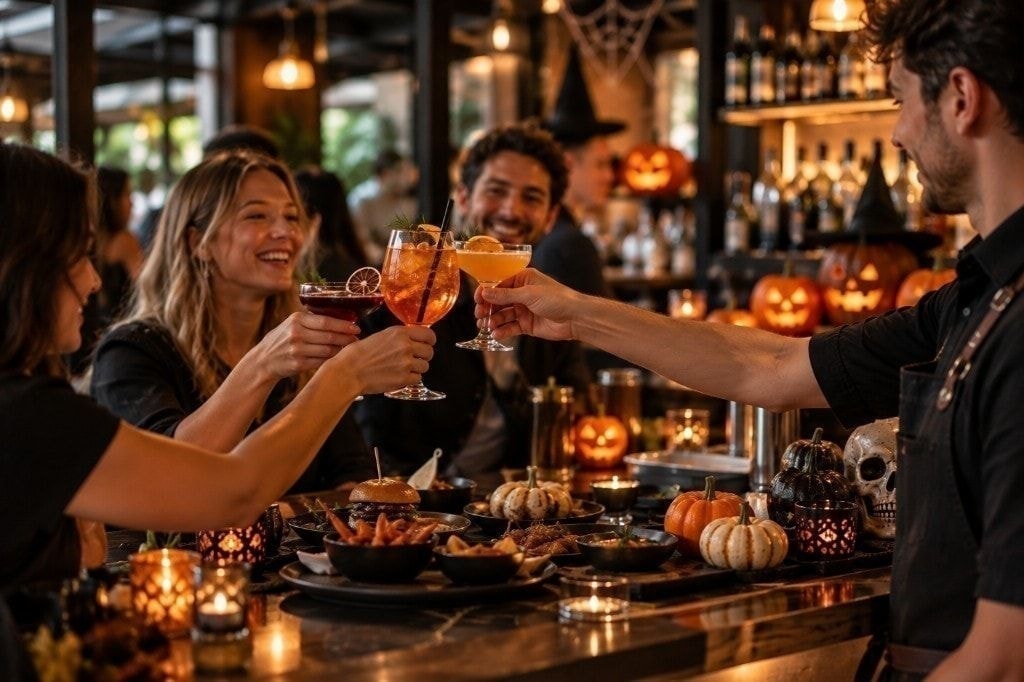 Halloween gecesinde barda kadeh tokuşturan misafirler, balkabakları ve kostümler