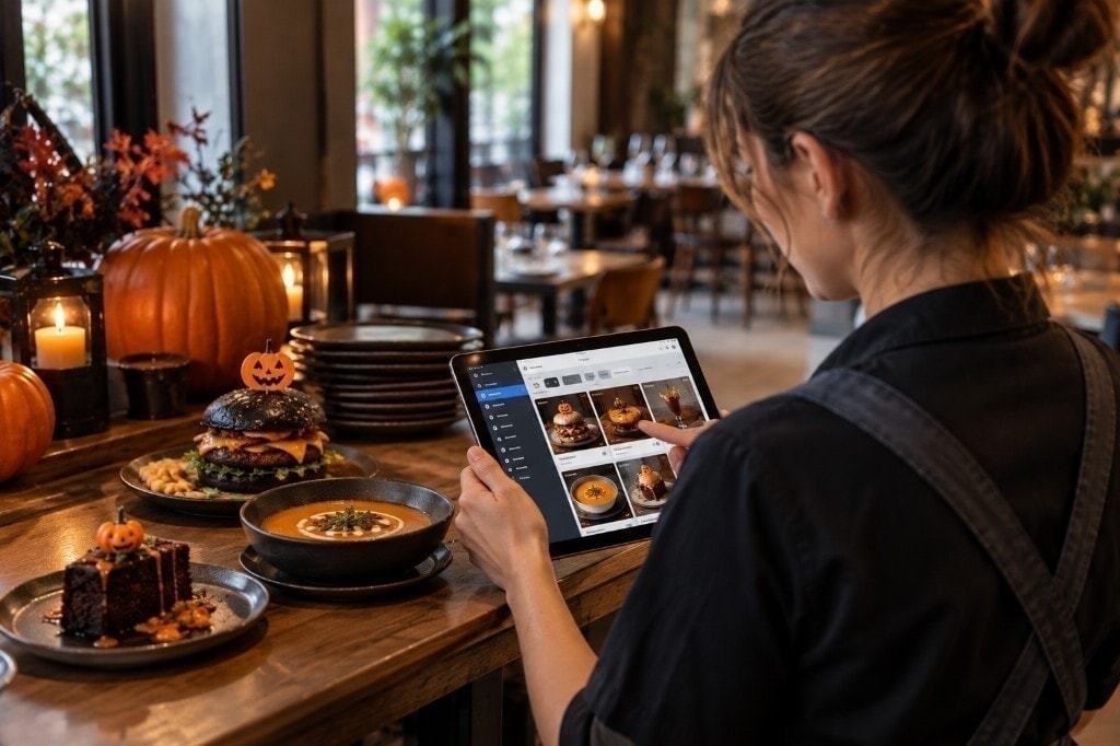 Restoran tezgahında balkabağı, temalı tabaklar ve tablette menü hazırlayan çalışan