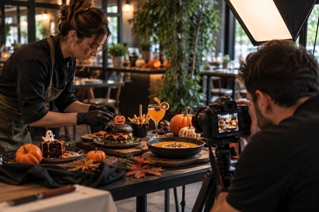 Şef Halloween tabağını hazırlarken fotoğrafçının yemeği çekmesi