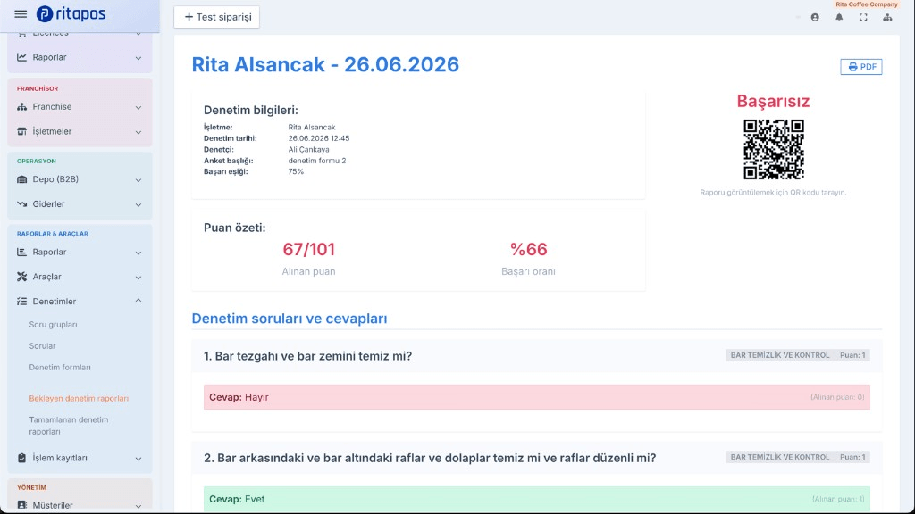 Ritapos denetim raporu. Rita Alsancak 67/101 puan, %66 başarı, başarısız damgası ve QR