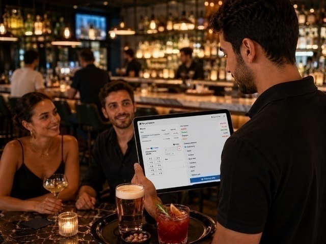 Server showing Ritapos partial payment on a tablet at a bar table
