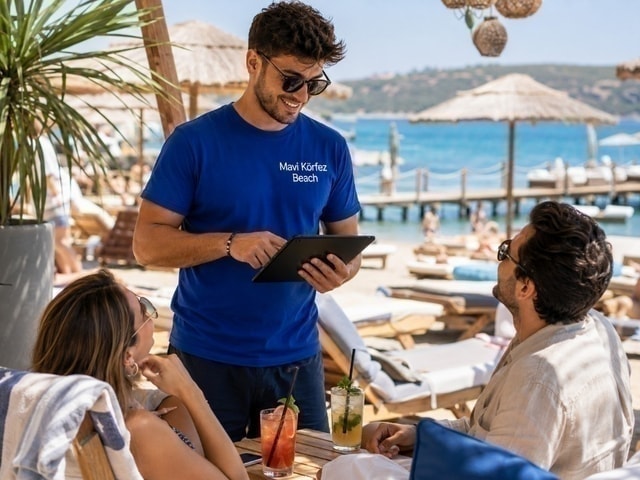 Waiter taking orders on a tablet with Ritapos at the beach
