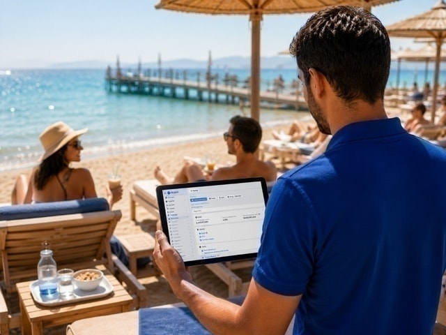 Waiter taking orders on a tablet with Ritapos at the beach