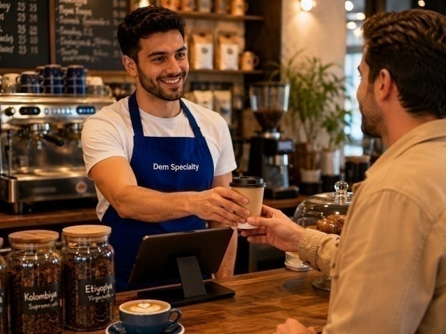 Barista handing coffee with Ritapos POS tablet on the counter