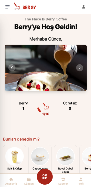 Berry uygulamasında karşılama ve sadakat ekranı