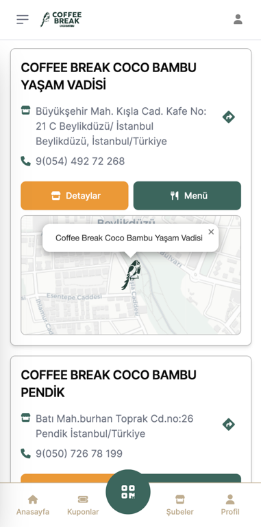 Brand app branch and menu screen — Coffee Break Coco Bambu