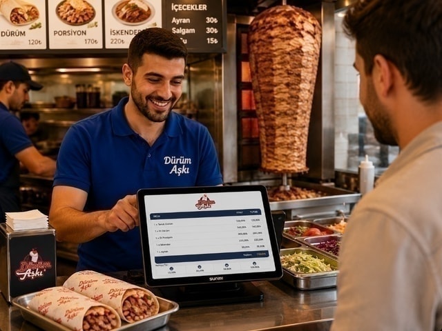 Staff taking orders on a Ritapos POS terminal at a döner shop